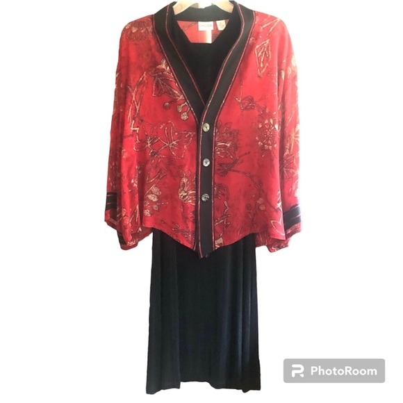 Chico’s Silk Kimono Jacket Size 16 Red Black Tan Yellow - Picture 2 of 6